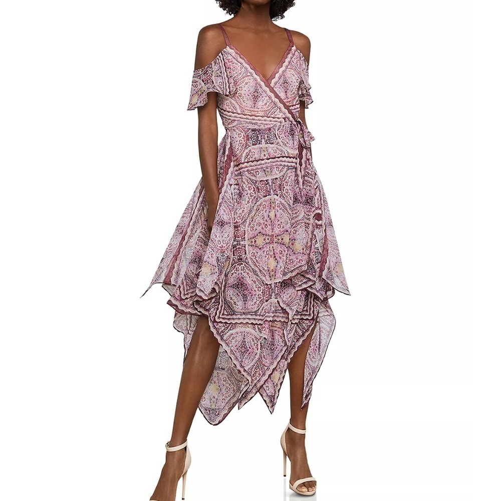 NEW BCBGMAXAZRIA Cold Shoulder Festival Paisley Wrap Midi Dress in Tibetan Red S - Picture 1 of 8